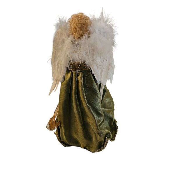 Vintage Christmas Tree Topper Angel Green White Accents Porcelain Feather Wings - Picture 5 of 7